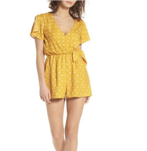 Everly Polka Dot Faux Wrap Romper Mustard Yellow, Size Small - Picture 1 of 8