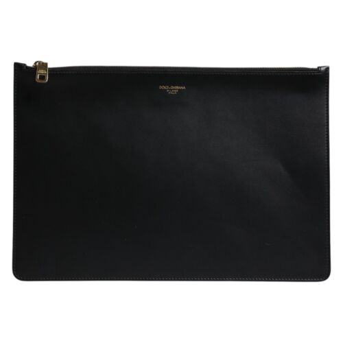 DOLCE & GABBANA Bag Black Solid Leather DG Logo Clutch Zip Borse Pouch 610usd