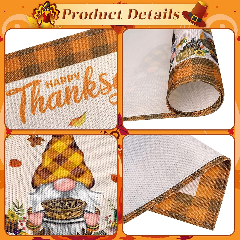 Fall Placemats Set of 6, Happy Thanksgiving Pumpkin Gnomes Table Mats