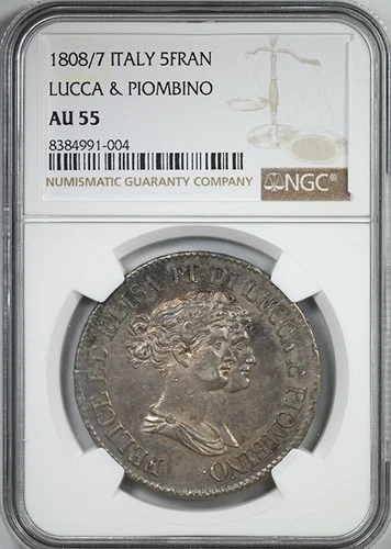 1808/7 Italy 5 Franchi Lucca & Piombino NGC AU55