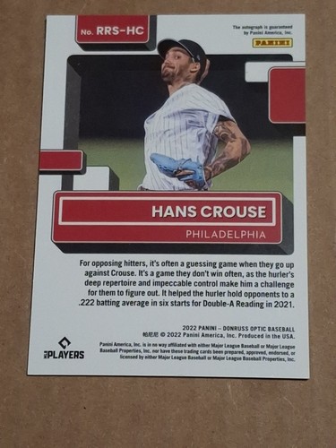 2022 HANS CROUSE DONRUSS AUTOGRAPHED AUTO RATED ROOKIE CARD RC #RRS-HC PHILLIES - Picture 2 of 3