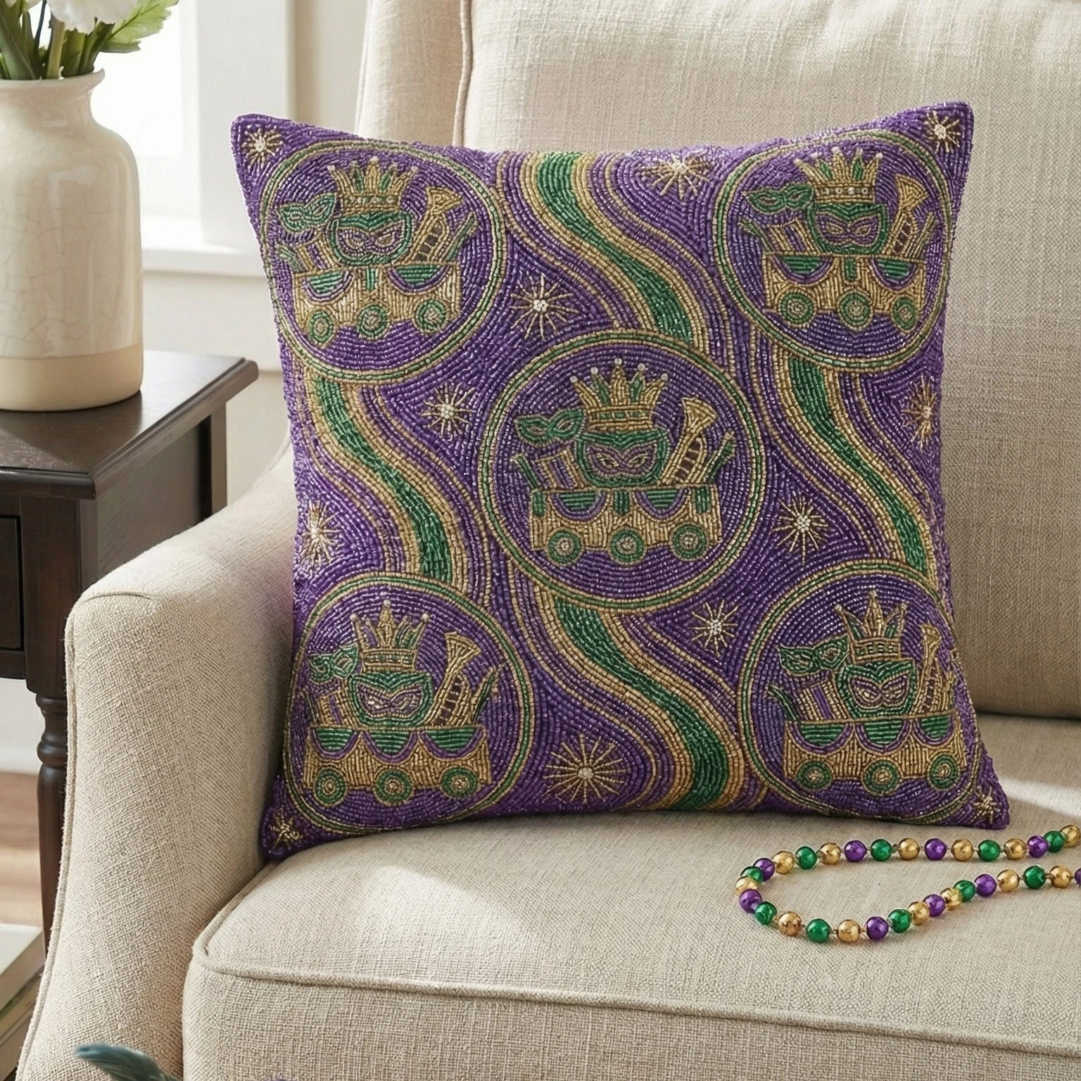 Mardi Gras Beaded Throw Pillow Cover Purple Gold Green Parade Float Cushion