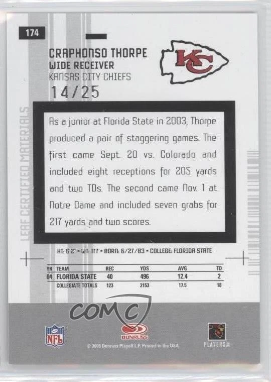 2005 Leaf Certified Materials New Generation /25 Craphonso Thorpe Rookie Auto RC - Image 2 of 2