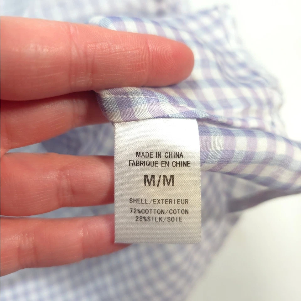 Theory 纽扣衬衫女式 M 码格子白色紫色纱棉丝绸混纺 — 第 4/4 张图片