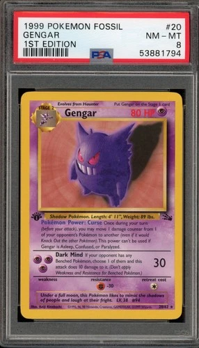 Pokemon Gengar Fossil 1st Edition NON Holo Rare #20 PSA 8