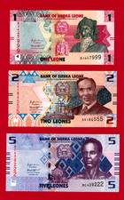 1, 2, 5 Leones 2022 Sierra Leone UNC NOTES (P-34-35-36) Different Pref & Serial#