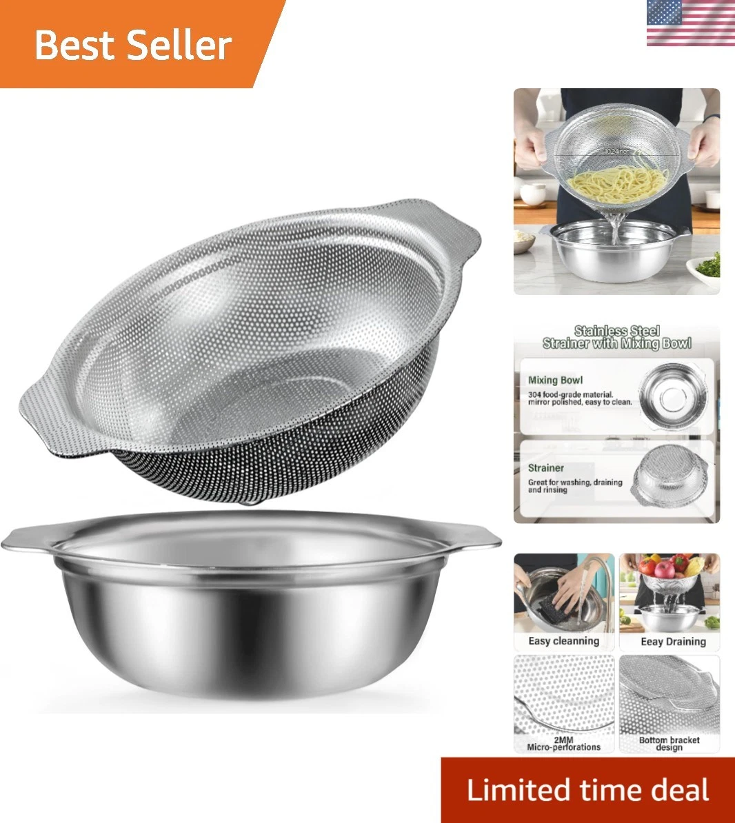 Stainless Steel Colander, 4.5QT Large Capacity with Mixing Bowl, Rice Washing...
Opens in a new wind