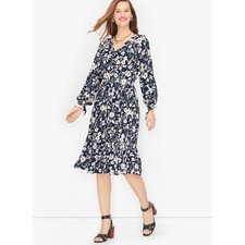 Talbots Navy White Floral Smocked Waist Midi Dress V-Neck Ruffle Long Sleeve XS