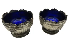 Set Of Two Open Salt Cellars in Cobalt Blue and Electro Plated Metal by Corbell