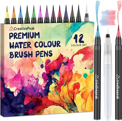 Creativepeak Watercolor Brush Pens, 12 Vibrant Soft Tip Coloring Markers w/Blend