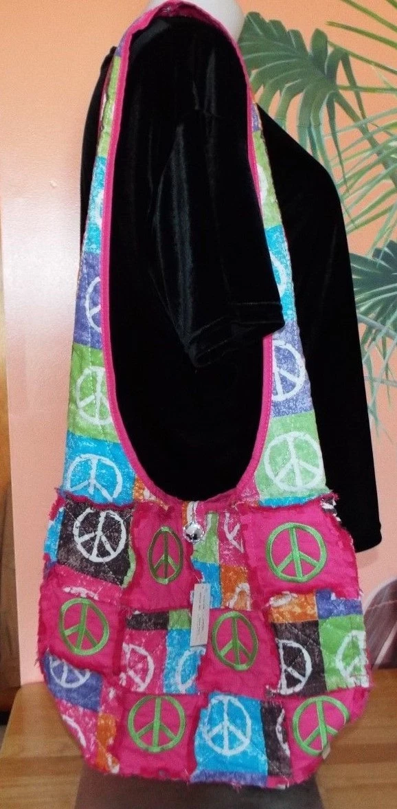 PEACE QUILTED PINK - MULTI RAGBAG CROSS BODY HIPSTER RAG BAG PURSE NWTS