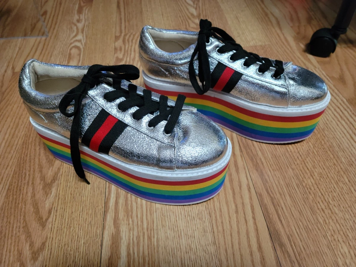 Cape Robbin Rainbow Platform Wedge Shoes Sneakers Size 8M silver
