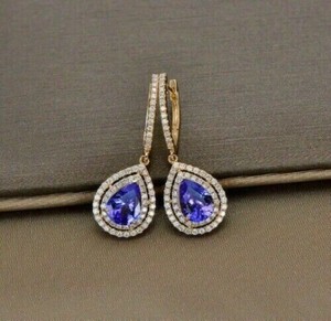 Authentic 2Ct Pear Cut Simulated Tanzanite Halo Drop Dangle Earring 14K Yellow Gold Plated