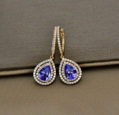 2Ct Pear Cut Simulated Tanzanite Halo Drop Dangle Earring 14K Yellow Gold Plated