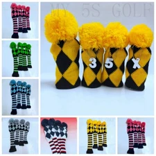 4pcs Pom Pom Knit Headcover Long Neck Driver Fairway Woods Hybrid Head Covers