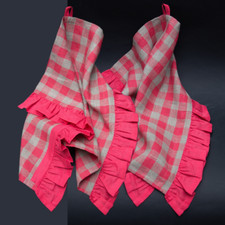 Set 2 Ruffled Linen Kitchen Towels gray Red gingham with loop Stonewashed