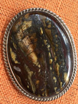 Vintage Ola Gorie schottische Silber Brosche, gebänderter Achat Edelstein, OMG Makers Mark