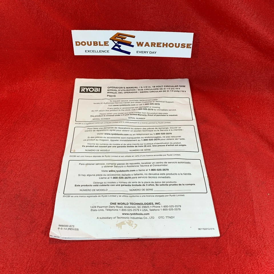 Ryobi Operator's Manual 5-1/2 inch 18 Volt Circular Saw P501G - Image 2 of 2