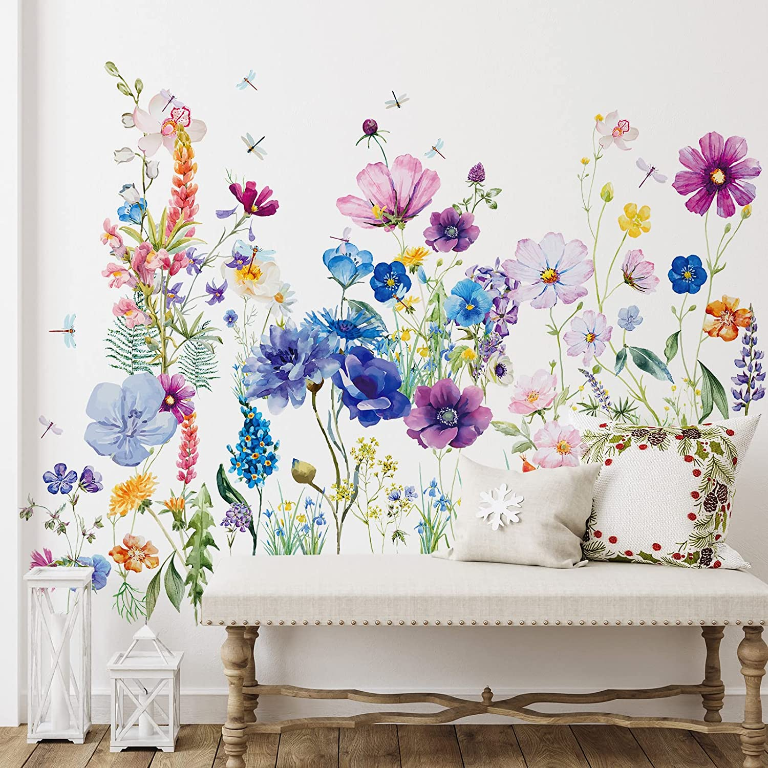 6 Pieces Flowers Wall Decals Vinyl Dragonflies Flowers Wall Stickers Removable F