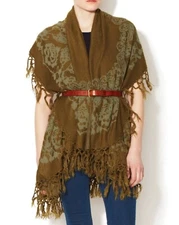 RAJ Lydia Kimono Poncho Womens One Size Olive Green Boho Fringe Open Embroidered