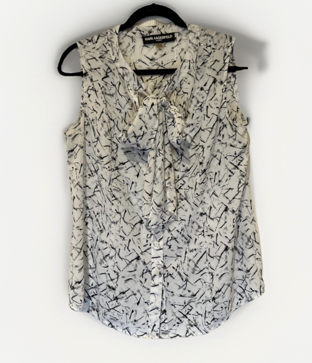 Karl Lagerfeld Sleeveless Blouse M White Black Bow Secretary Workwear