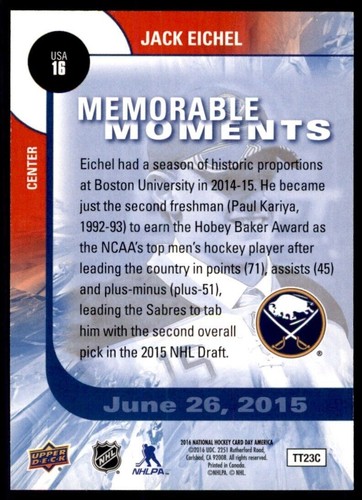 2015-16 Upper Deck USA #16 Jack Eichel ROOKIE Vegas Golden Knights - Photo 2 sur 3