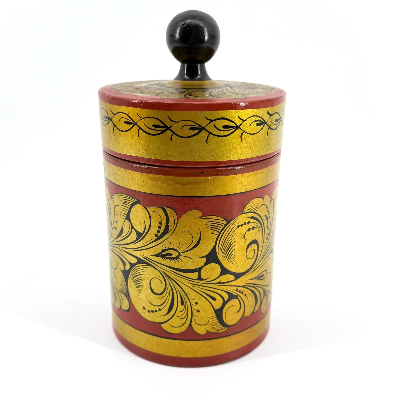 Hand Painted Wood Canister Khokhloma Style Red Gold Floral w Lid 8”