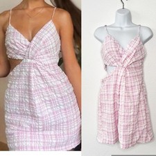 Zara Medium Pink Gingham Textured Cut Out Plaid V Neck Stretch Summer Dress NWT