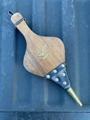 Vintage Wood & Leather Fireplace Bellows w/ Metal Nozzle, Brown/Black, Eagle