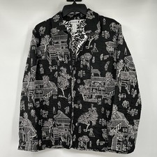 Chico s Jacket Women's Size 2 Black Quilted Asian Print Button Down Silk Blend