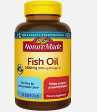 Nature Made Fish Oil 1000 mg Omega 3 Heart Support 90 Softgels 45 Day Supply