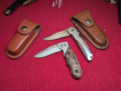 2x Vintage Pair Pine Ridge folding pocket knife MINT cond Liner Locks w/ sheath