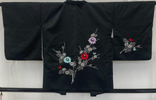 Japanese Vintage Kimono Haori Jacket Polyester Black Traditional Embroidery 30in
