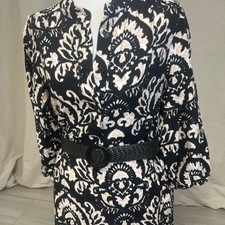 Ellison Damask Midi Dress Black Beige Belted Balloon Sleeve Sz M Boho Academia