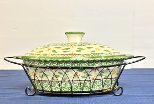 3.5 Qt Oval Covered Casserole w/ Metal Stand Old World Green by Temp-Tations
