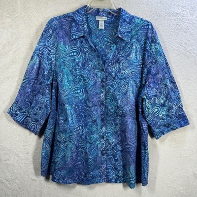 Liz & Me for Catherines 2X Blue Paisley Cotton Button Down Shirt 3/4 Sleeve