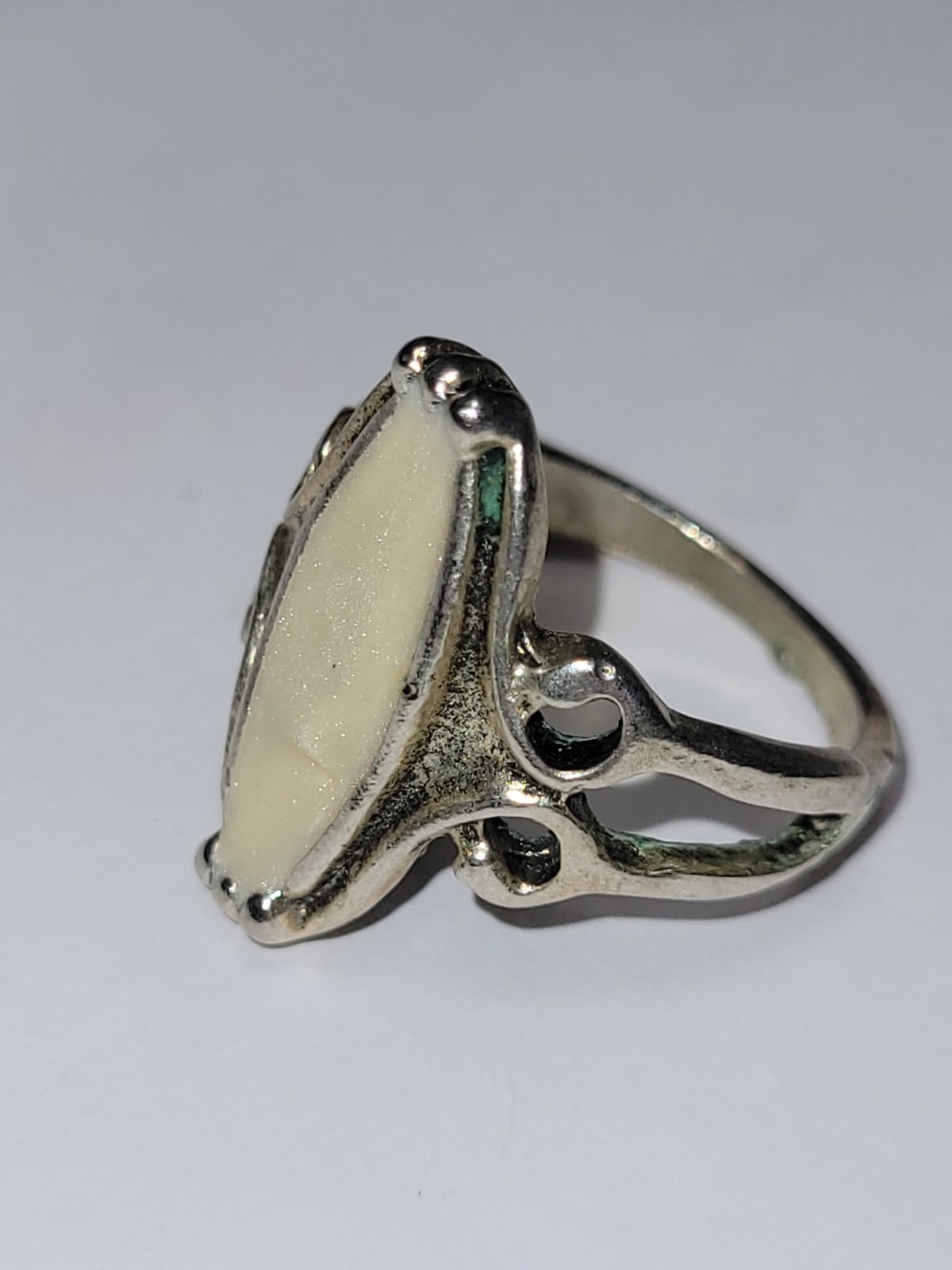 Vintage Silvertone Statement Ring White Swirl Ena… - image 5
