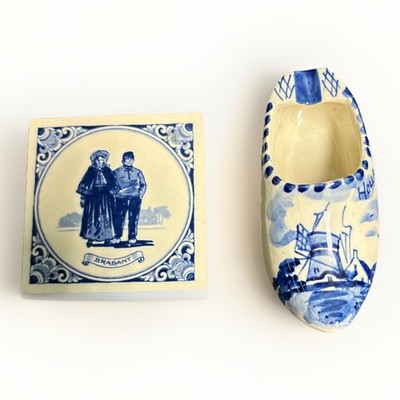Delft Blue Handpainted Courting Couple Brabant Mini Tile 3 X3  & Shoe Holland