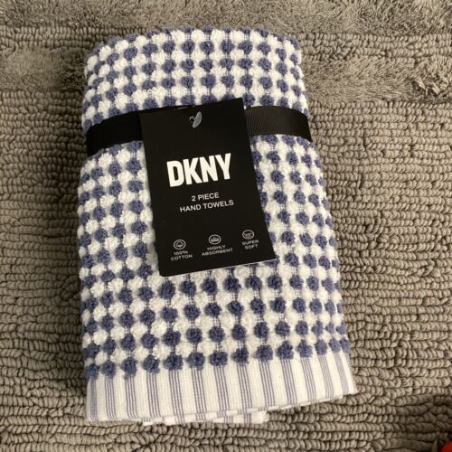 DKNY Set of 2 Blue & White Gingham Check Hand Towels New