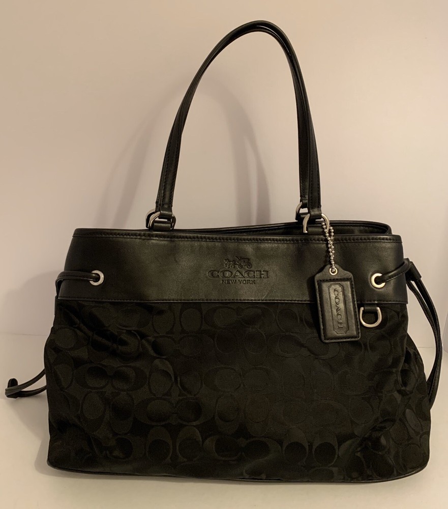 COACH 32702 Black Signature Nylon Leather Drawstring Satchel Purse