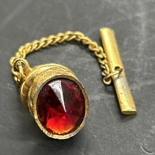 Vintage Tie Tack Gold Tone Oval With Ruby Colored Stone R18