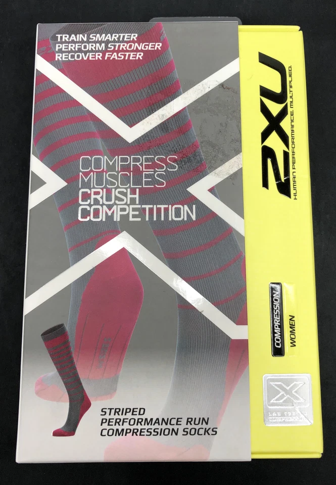 Calcetines de compresión a rayas CrossFit Run Lift 2XU gris rosa para mujer grandes NUEVO Foto 2 de 4
