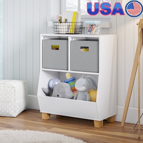 24“ Kids Toy Storage Organizer W/ 2 Cubbies & 2 Fabric Bins Clutter Management