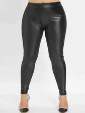 Black Leather Trousers Women PU Elastic Band Bodycon High Waist Pencil Pants