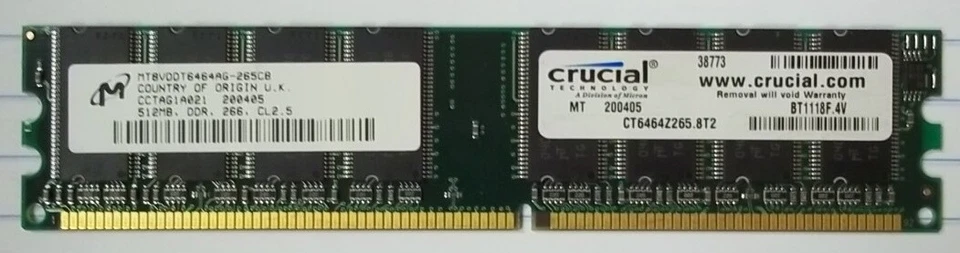 Crucial 512MB PC2100 DDR-266MHz CL2.5 184-Pin DIMM * MT8VDDT6464AG-265CB - Image 2 of 4
