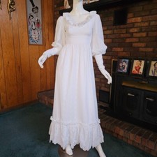 Vtg 70s Edwardian Mutton Slv White Eyelet Cottagecore Wedding Prairie Dress XS/S
