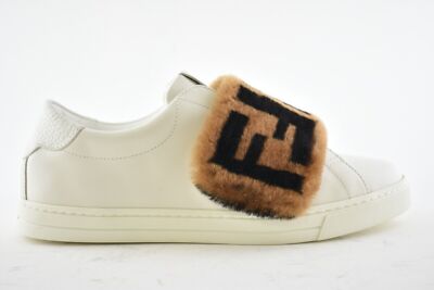 Fendi White Leather Brown Fur Logo FF Zucca Low Top Slip On