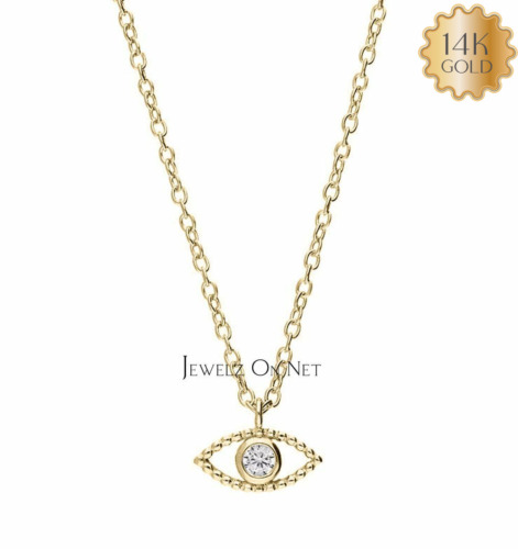 Collier pendentif charme mauvais œil en or 14 carats 0,05 ct. diamant véritable bijoux fins - Photo 1/6