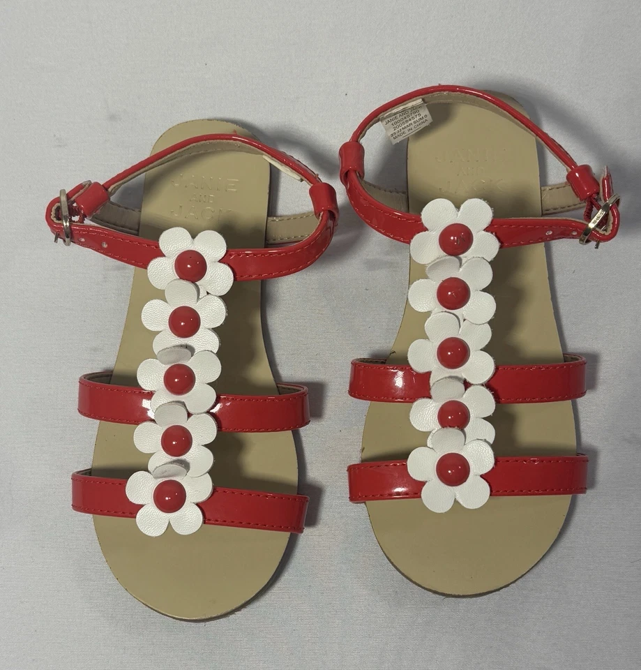 Janie and Jack Sandalias Flor Cuero Zapatos Correa Rojo Blanco Niñas Pequeñas Talla 10 Foto 3 de 4