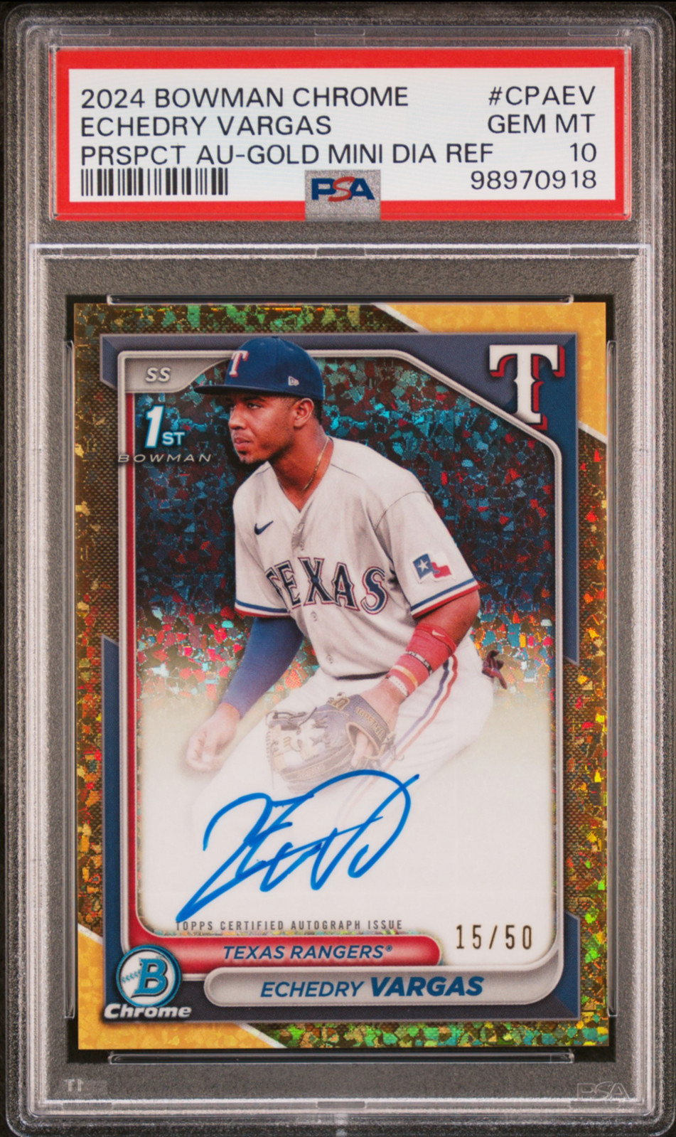 2024 Bowman Chrome Echedry Vargas 1st Gold Mini-Diamond Refractor Auto/50 PSA 10